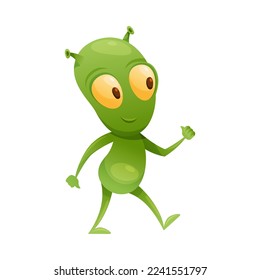 Funny Green Alien Character with Big Eyes and Small Antenna on Head Walking Vector Illustration