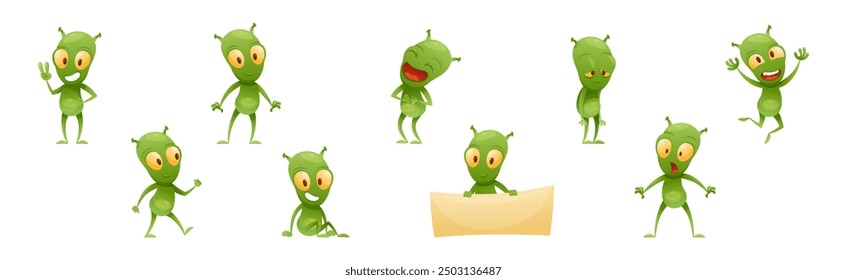 Funny Green Alien Character with Big Eyes and Small Antenna on Head Engaged in Different Action Vector Set