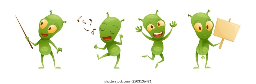 Funny Green Alien Character with Big Eyes and Small Antenna on Head Engaged in Different Action Vector Set