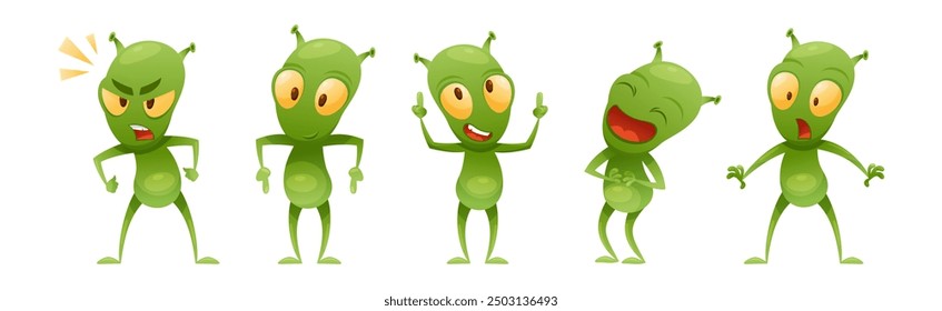 Funny Green Alien Character with Big Eyes and Small Antenna on Head Engaged in Different Action Vector Set