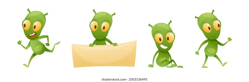 Funny Green Alien Character with Big Eyes and Small Antenna on Head Engaged in Different Action Vector Set