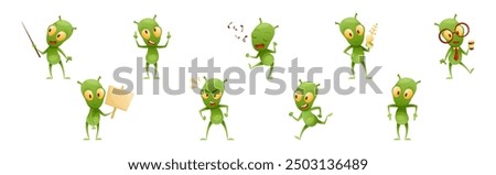 Funny Green Alien Character with Big Eyes and Small Antenna on Head Engaged in Different Action Vector Set