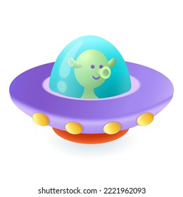 Funny green alien character in flying saucer 3D icon. Comic alien in UFO 3D vector illustration on white background. Space, fantasy, galaxy, science fiction concept