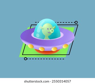 Funny green alien character in flying saucer 3D illustration. Comic alien in UFO 3D vector  on abstract background. Space, fantasy, galaxy, science fiction concept