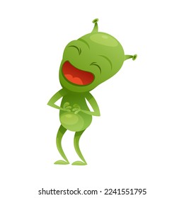 Funny Green Alien Character with Small Antenna on Head Laughout Loud Vector Illustration