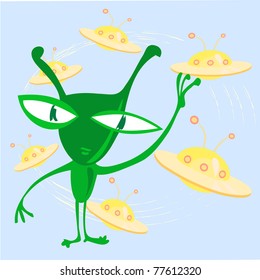funny green alien character with ufo background