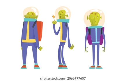 Funny Green Alien Character Wearing Space Suit Standing with Flower Vector Set