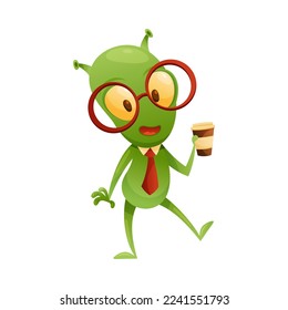 Funny Green Alien Character Wearing Neck Tie and Glasses Carrying Coffee Cup Vector Illustration