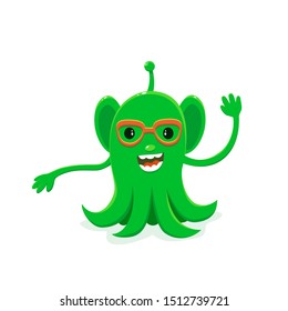 Funny green alien with the feelers and small antenna on his head. Cute cartoon character isolated on a white background. Vector illustration can be used for children's clothing design, banners.