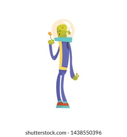 Funny Green Alien with Flower, Funny Humanoid Cartoon Character in Blue Space Suit and Helmet Vector Illustration