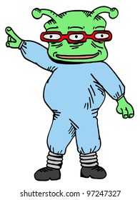 Funny green alien with glasses pointing