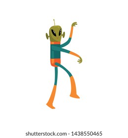 Funny Green Alien, Humanoid Cartoon Character with Big Eyes Oval Shape and Small Antenna Wearing Space Suit
