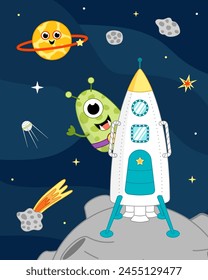 Funny green alien on space rocket on the Moon. Childish space illustration. Cartoon, vector. Isolated vector illustration eps 10
