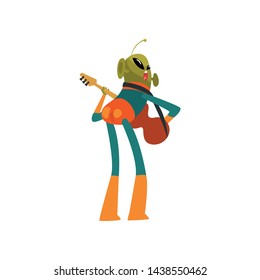 Funny Green Alien Playing Guitar, Humanoid Cartoon Character with Big Eyes Oval Shape and Small Antenna Wearing Space Suit Vector Illustration