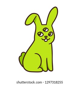 Funny green alien rabbit drawing. Cute cartoon radioactive mutant bunny with 3 eyes. Isolated vector illustration.