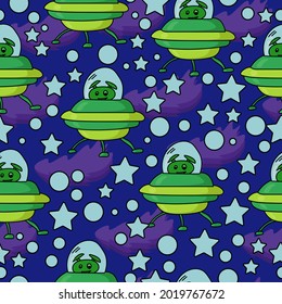 Funny green alien seamless pattern, UFO and stars on a dark blue background vector illustration