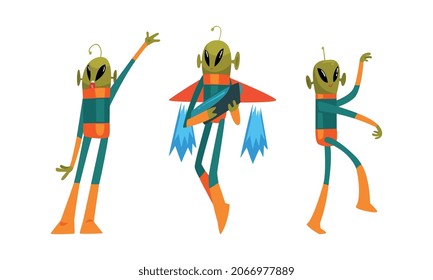 Funny Green Alien Visitor with Antenna Standing and Holding Weapon Vector Set