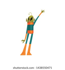 Funny Green Alien Waving Its Hand, Humanoid Cartoon Character with Big Eyes Oval Shape and Small Antenna Wearing Space Suit Vector Illustration