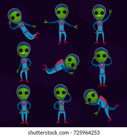 Funny green aliens with big eyes wearing blue space suits set, alien positive characters in different poses cartoon vector Illustrations