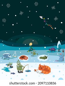 funny green aliens on holiday winter fishing. adventure in the year of the tiger