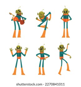 Funny green aliens in space suits set. Cute humanoid alien funny characters in different poses cartoon vector illustration