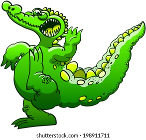 Funny green alligator while executing a fighting pose consisting on raising an arm and a leg and keeping balance with its big tail while wide opening its mouth to show how much it can be threatening