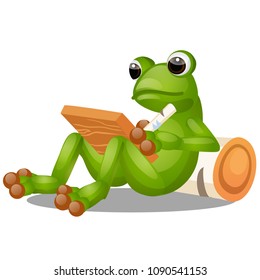 Funny Green Animated Frog Writes A Note On A Wooden Plaque Isolated On White Background. Vector Cartoon Close-up Illustration.