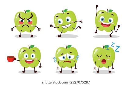 funny green apple cartoon character with various pose activity vector illustration
