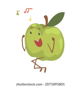 Funny Green Apple Character Dancing Moving Hand and Legs Vector Illustration