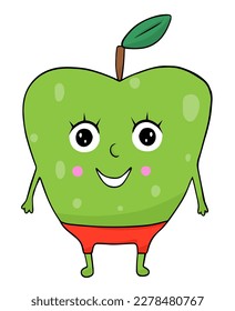 Funny green apple character in hand drawn cartoon style
