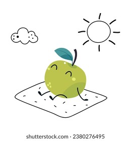 Funny Green Apple Fruit Character Sunbathing Enjoying Vacation Vector Illustration