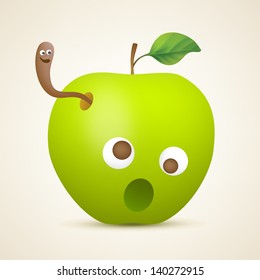Funny green apple with worm. Vector illustration created using gradient meshes.