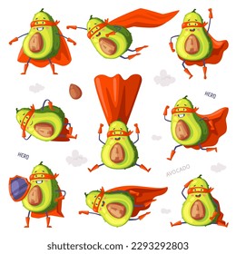 Funny Green Avocado Superhero Character Wearing Red Cloak or Cape and Mask as Justice Fighter Vector Set