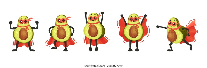 Funny Green Avocado Superhero Character Wearing Red Cloak or Cape and Mask Vector Set