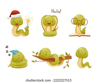 Funny green baby snake character set. Happy cute reptile animal in different activities cartoon vector illustration
