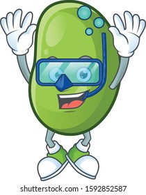 Funny green beans mascot design with Diving glasses