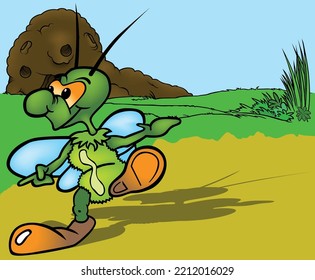 Funny Green Beetle and Blue Wings   Raised Leg    Colored Cartoon Illustration and Background  Vector