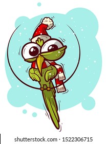 Funny green bird in christmas hat and scarf