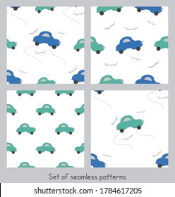 Funny green and blue cars in the shape of a cloud. With car noise. White background. Set of seamless patterns for kids. Vector illustration.