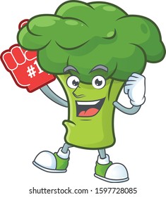 Funny green broccoli mascot cartoon style with Foam finger