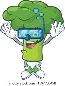 Funny green broccoli mascot design with Diving glasses