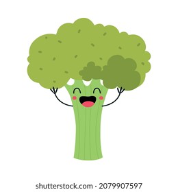 Funny Green Broccoli Vegetable Character with Smiling Face and Arm Vector Illustration