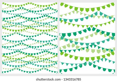 Funny Green Bunting Garlands Vector Pattern. Paper Flags Hanging on a White Background. St Patrick Day Decoration. Green Paper Decorative Flags Isolated on a White. 