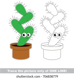 Funny Green Cactus to be traced only of one line, the tracing educational game to preschool kids with easy game level, the colorful and colorless version.
