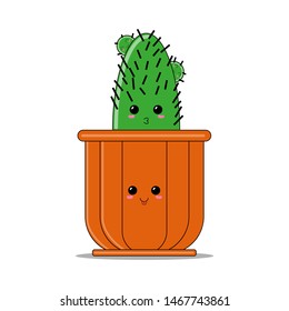 Funny green cactus in a brown pot isolated on white background. Fun cartoonish houseplants. Kawaii style vector illustration. Cute comic emoticons.
