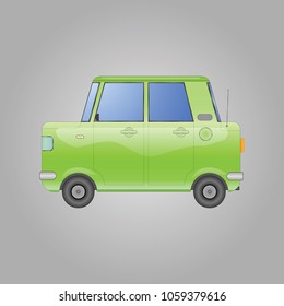 Funny green car, Cute cartoon car, cartoon car model. The ability to easily change the color. vector illustration. Side view. green body color. Auto service. Passenger transport