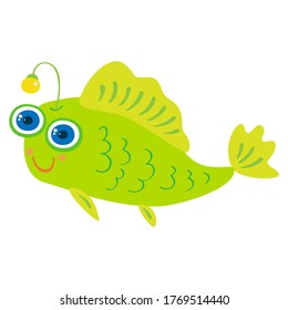 Funny green cartoon fish vector icon isolated on white background