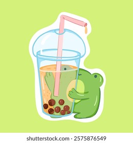 Funny green cartoon frog with a glass of bubble tea. Vector character. Sticker, logo, poster. Flat illustration on a light green background.