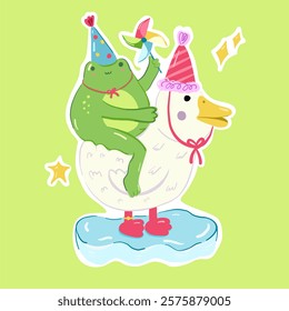 Funny green cartoon frog is sitting on a white duck with a cap. Vector character. Sticker, logo, poster. Flat illustration on a light green background.