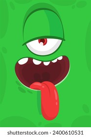 Funny green cartoon monster face with one eye.  Illustration of cute and happy monster tired or sleepy expression.
 Halloween design. Great for party decoration